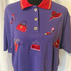 Vintage Red Hat Society Purple & Red Polo Shirt Hat & Purse Embroidery Petite L